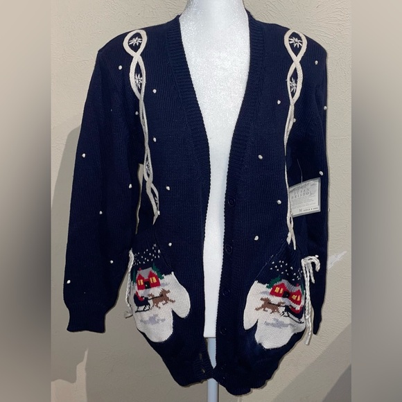 Susan Bristol Vintage 1992 Women’s NWT Size M Navy Christmas Sweater Cardigan - Picture 4 of 15